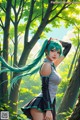 A girl with long green hair standing in the woods.