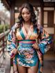 A woman in a blue and orange kimono posing for a picture.