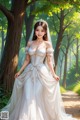 A woman in a wedding dress standing in the woods.