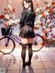 A girl in a school uniform standing next to a bicycle.